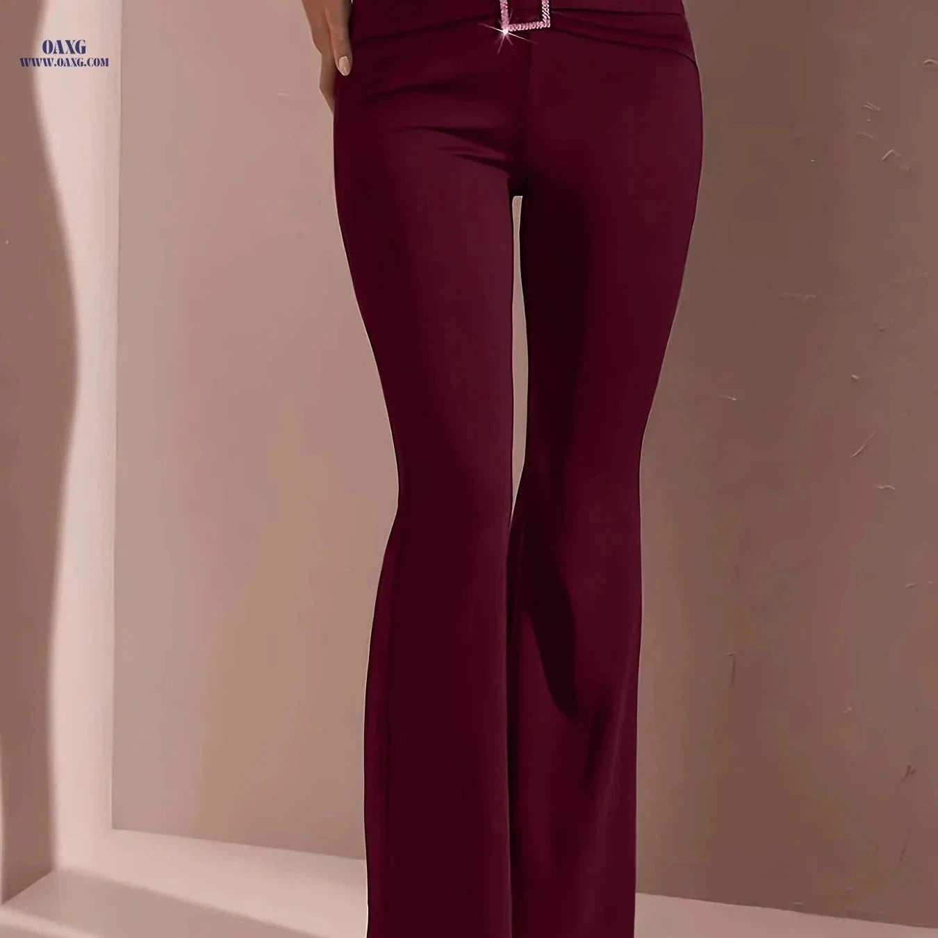 Women's High-Waisted Flared Pants - Stylish Elastic Waist and Chain Detail   OAXG Black / S