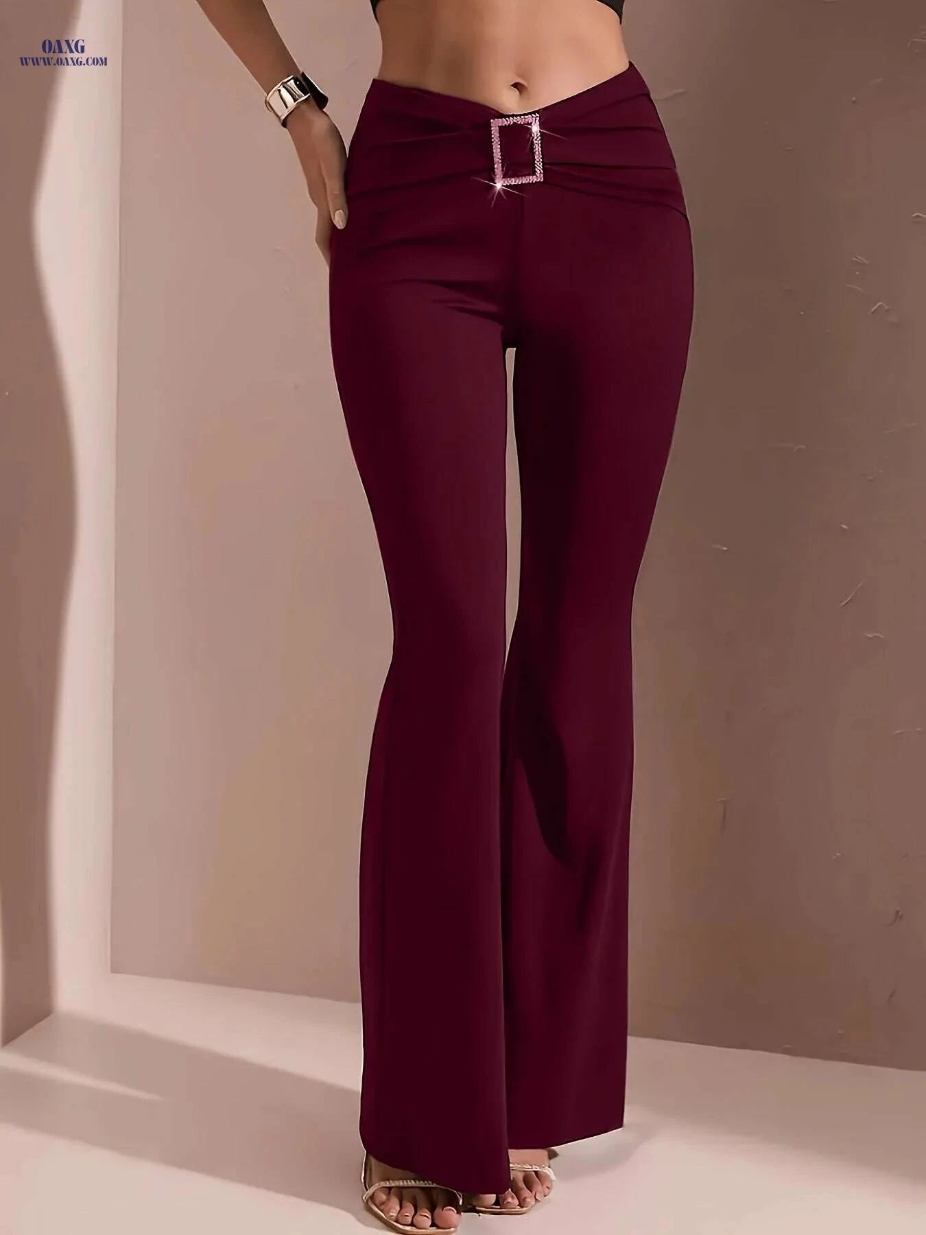 Women's High-Waisted Flared Pants - Stylish Elastic Waist & Chain Detail   OAXG Black / S