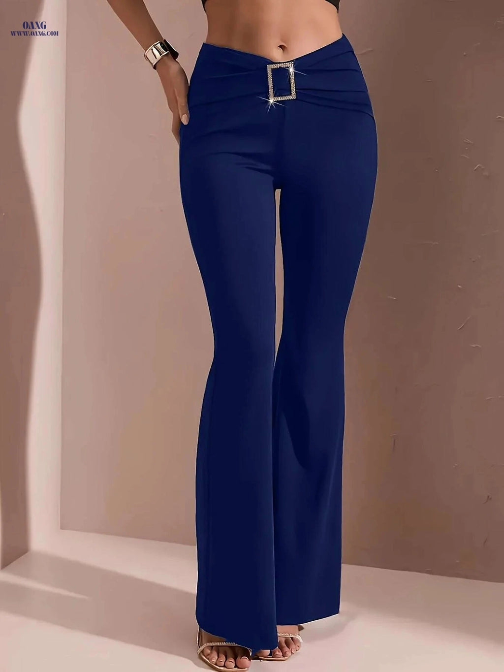 Women's High-Waisted Flared Pants - Stylish Elastic Waist & Chain Detail   OAXG Black / S