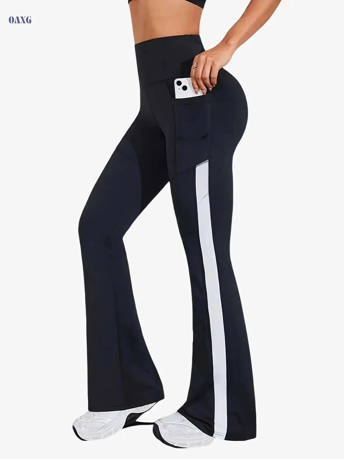 Women's High-Waisted Flared Workout Pants - Pockets & Side Stripes   OAXG 