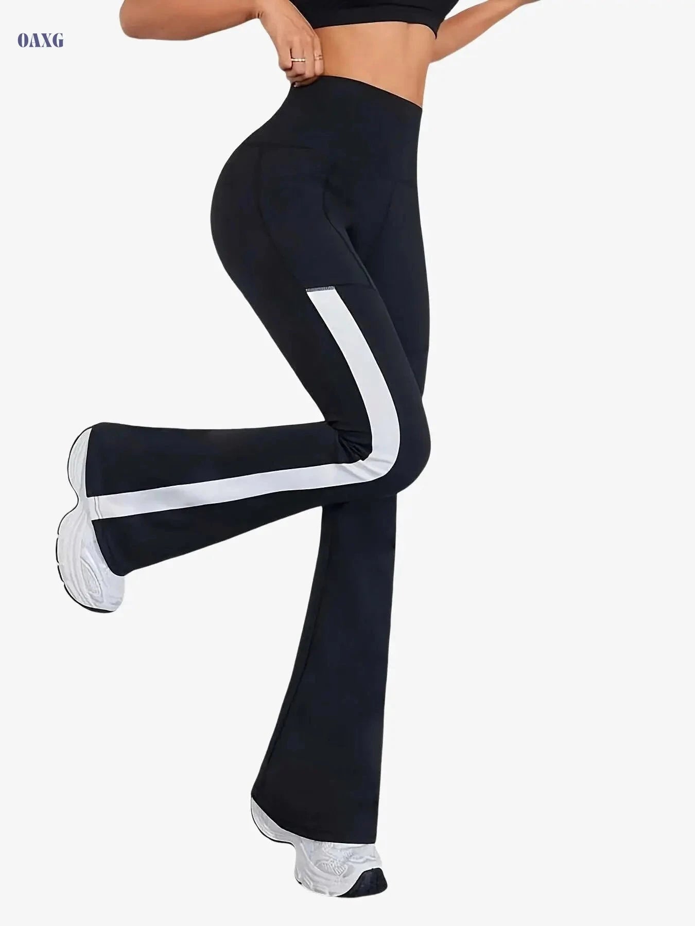 Women's High-Waisted Flared Workout Pants - Pockets & Side Stripes   OAXG Black / S