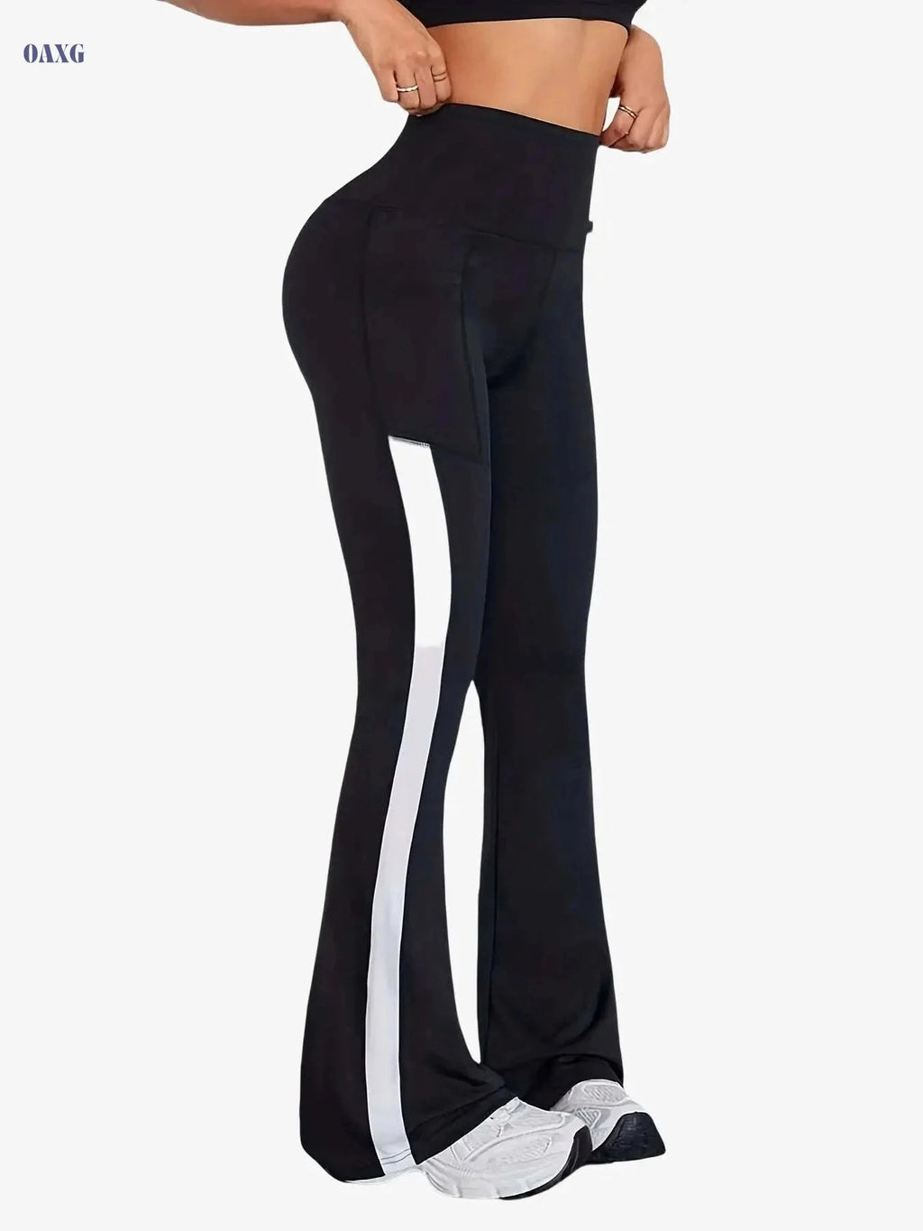 Women's High-Waisted Flared Workout Pants - Pockets & Side Stripes   OAXG Black / S