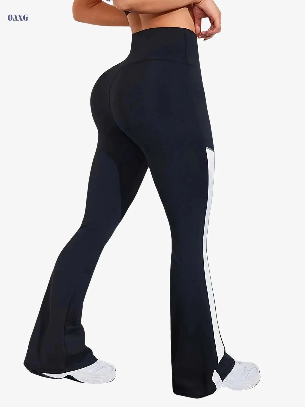 Women's High-Waisted Flared Workout Pants - Pockets & Side Stripes   OAXG Black / S