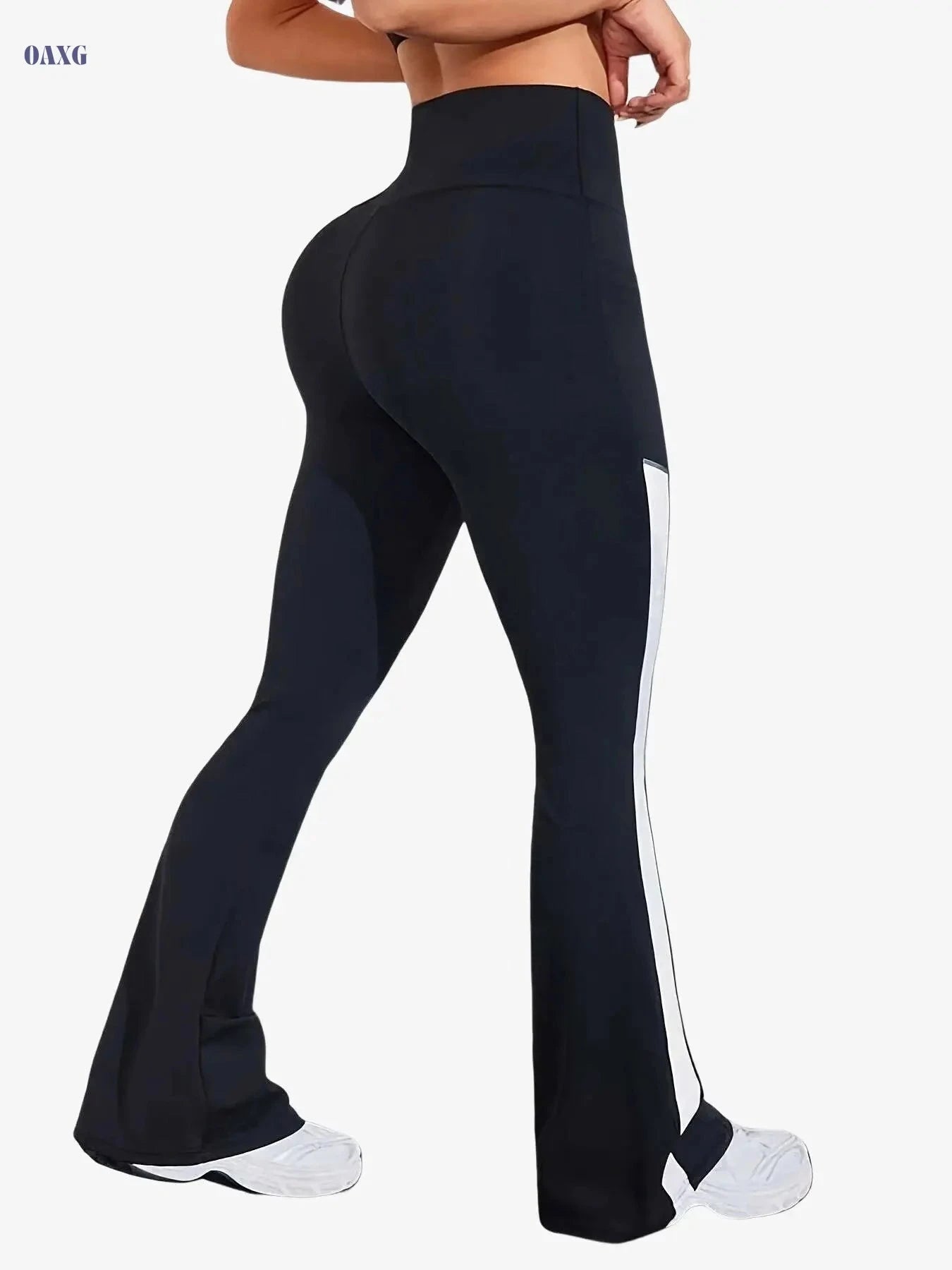 Women's High-Waisted Flared Workout Pants - Pockets & Side Stripes   OAXG Black / S