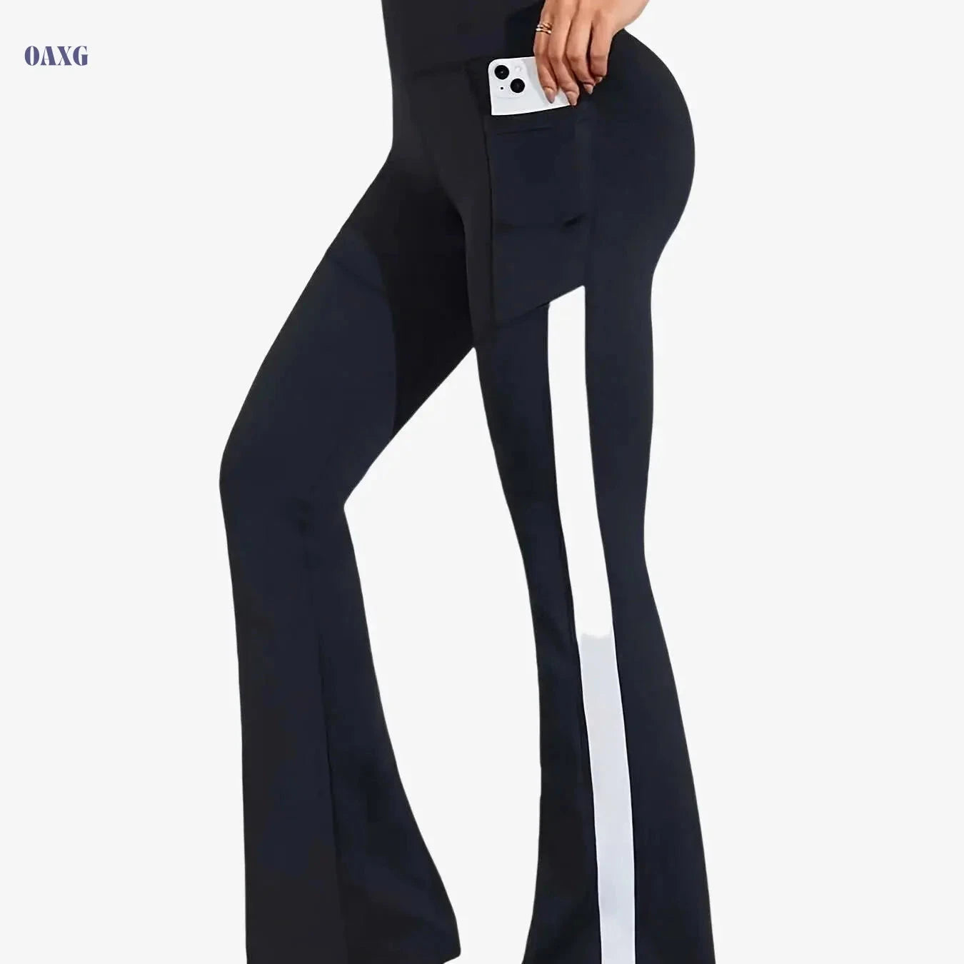 Women's High-Waisted Flared Workout Pants - Pockets & Side Stripes   OAXG 