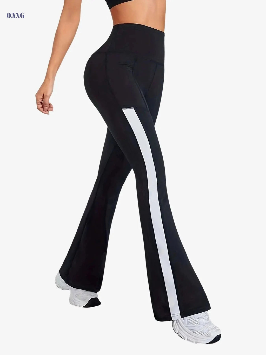Women's High-Waisted Flared Workout Pants - Pockets & Side Stripes   OAXG 