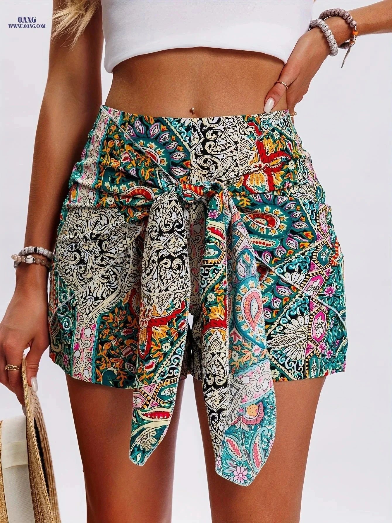 Women's High-Waisted Floral Print Shorts - Elegant Front-Tie Design   OAXG 【Multi Color】 / S