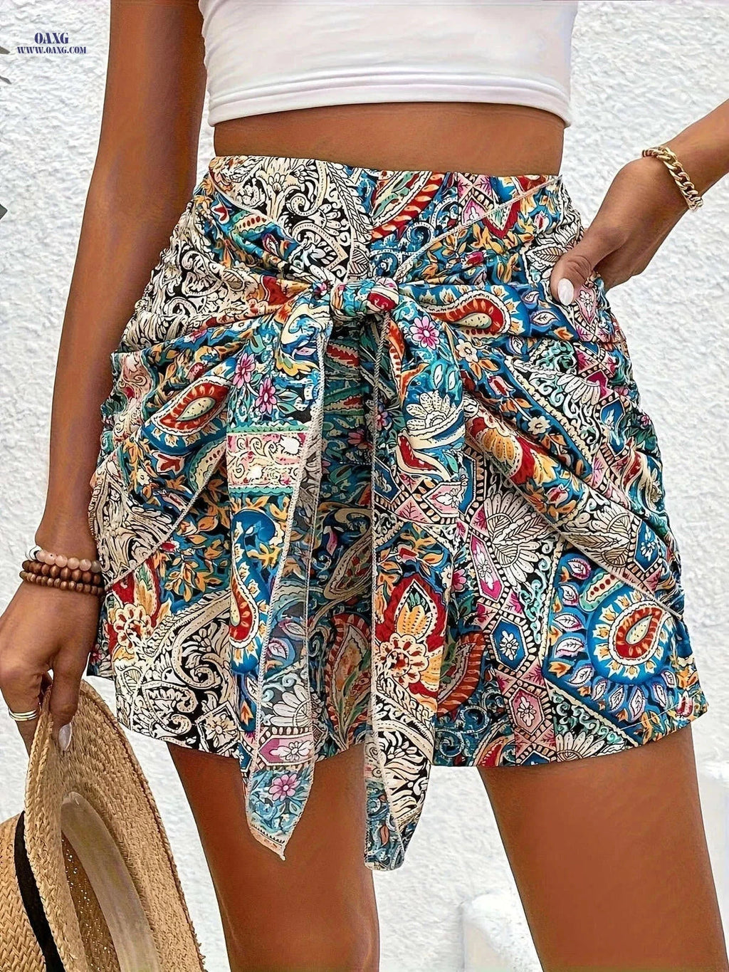 Women's High-Waisted Floral Print Tie Shorts - Elegant Summer Style   OAXG 