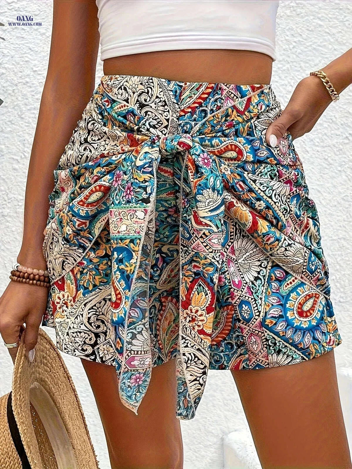 Women's High-Waisted Floral Print Tie Shorts - Elegant Summer Style   OAXG 