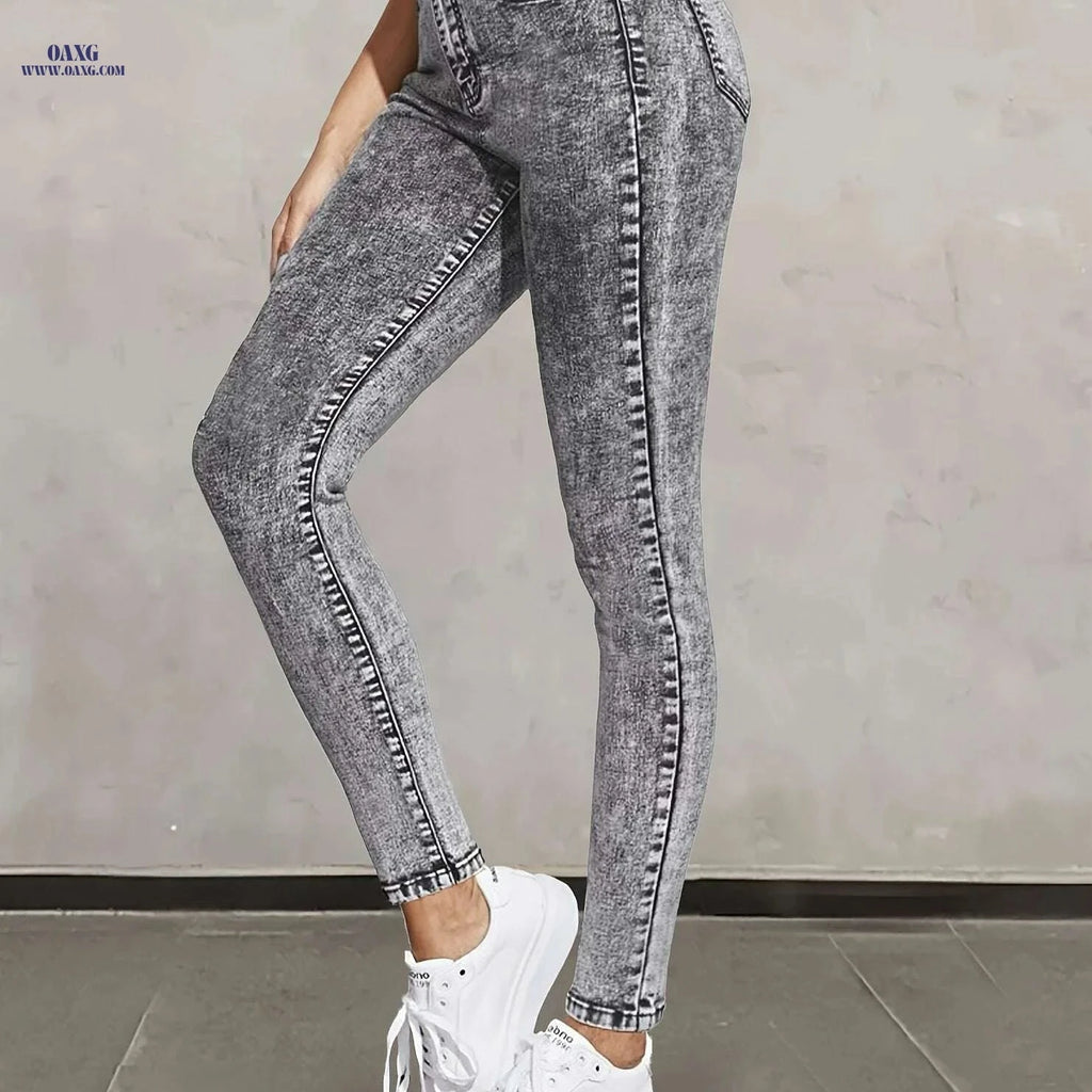 Women's High-Waisted Gray Jeans - Snowflake Detail, All-Season Style   OAXG 