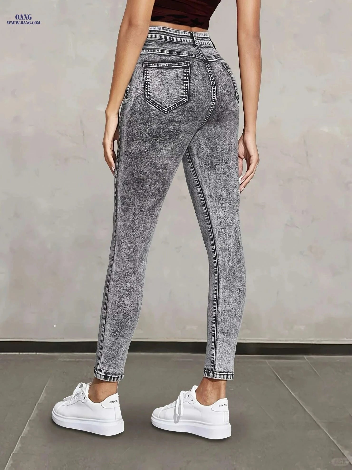 Women's High-Waisted Gray Jeans - Snowflake Detail, All-Season Style   OAXG Lead Color / XS