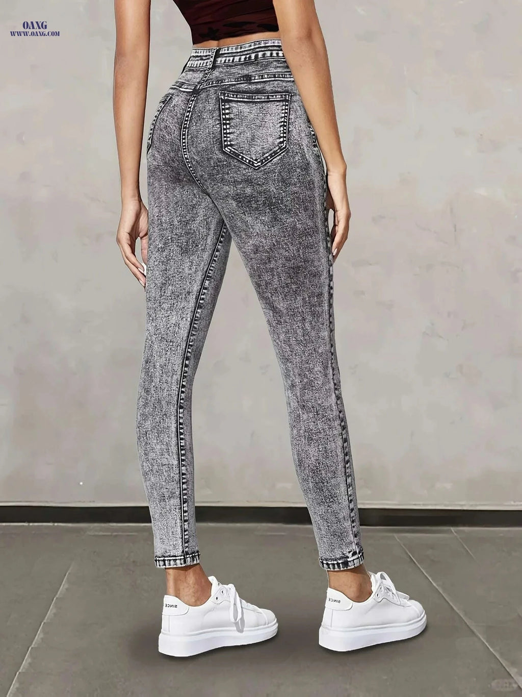 Women's High-Waisted Gray Jeans - Snowflake Detail, All-Season Style   OAXG Lead Color / XS