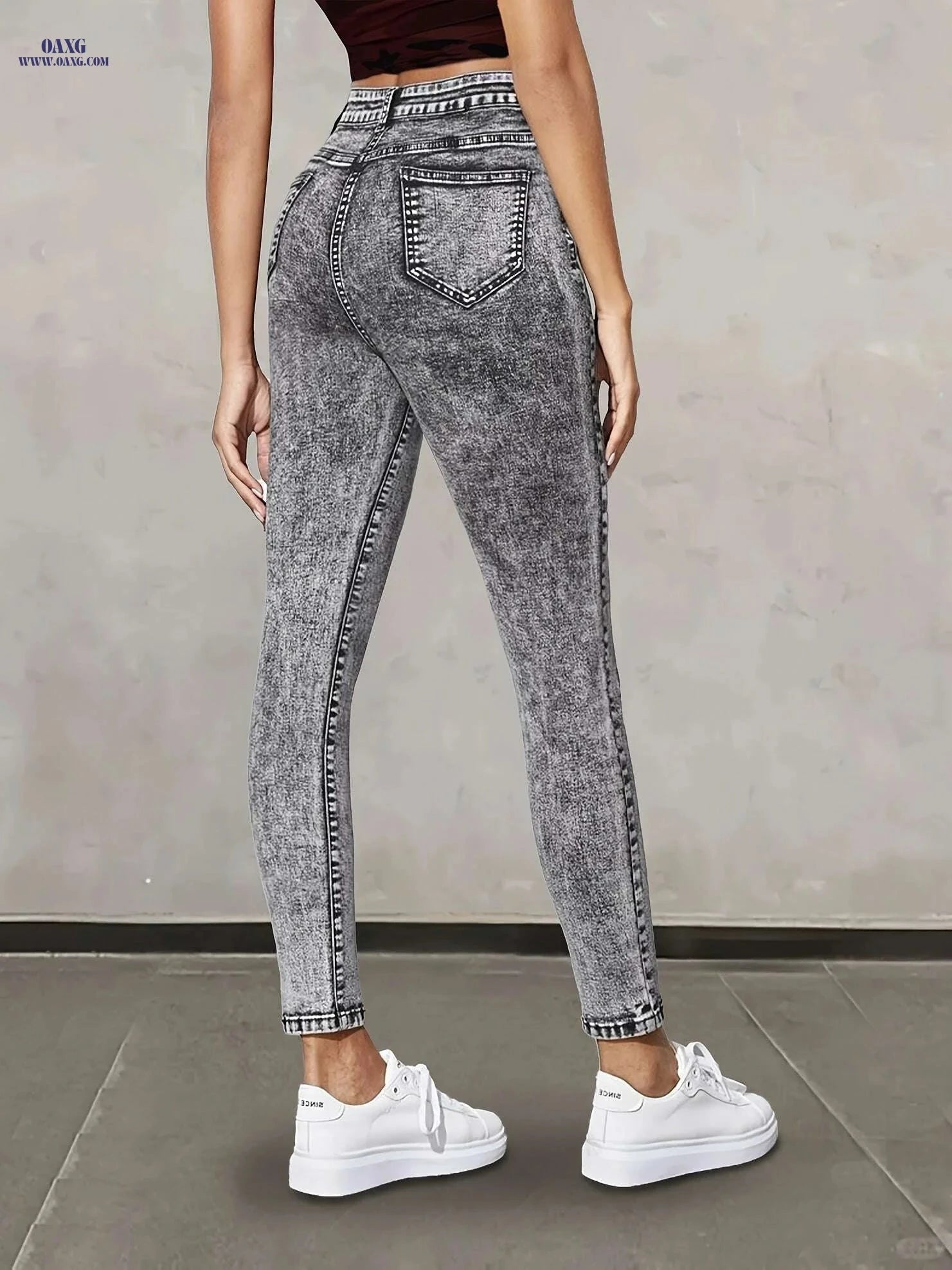 Women's High-Waisted Gray Jeans - Snowflake Detail, All-Season Style   OAXG Lead Color / XS