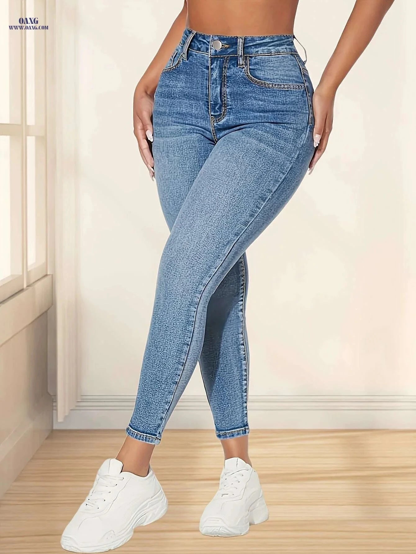 Women's High-Waisted Light Blue Denim Jeans - Slim Fit & Stretchy   OAXG Blue / XS