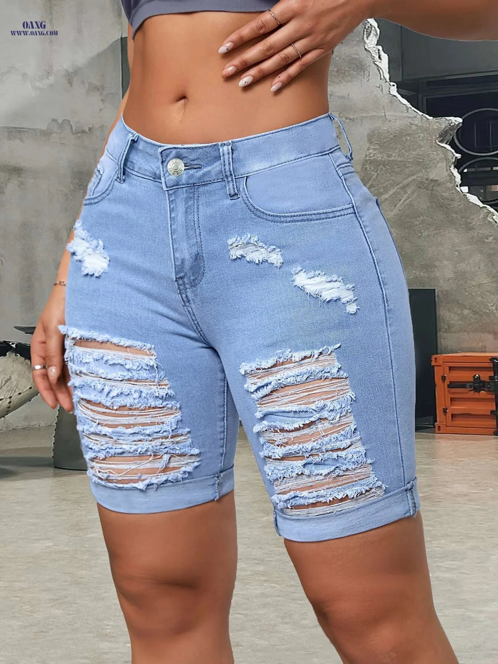 Women's High-Waisted Light Blue Ripped Denim Shorts - Stretchy Bermuda Style   OAXG 