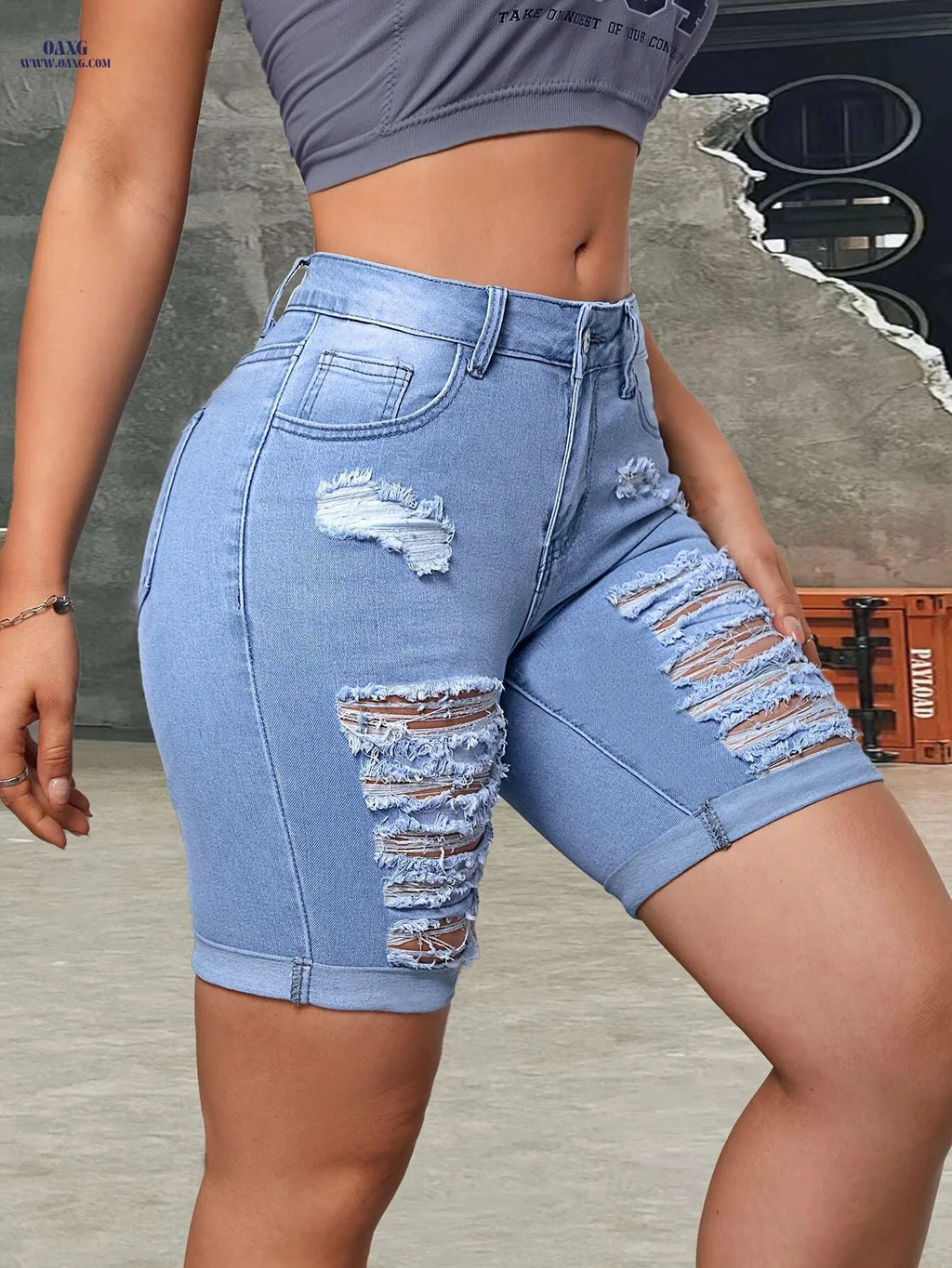Women's High-Waisted Light Blue Ripped Denim Shorts - Stretchy Bermuda Style   OAXG 