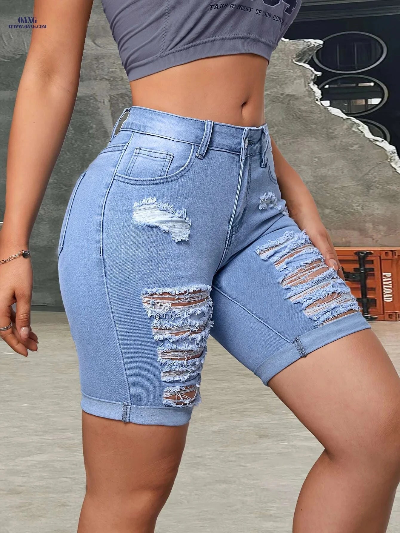 Women's High-Waisted Light Blue Ripped Denim Shorts - Stretchy Bermuda Style   OAXG 