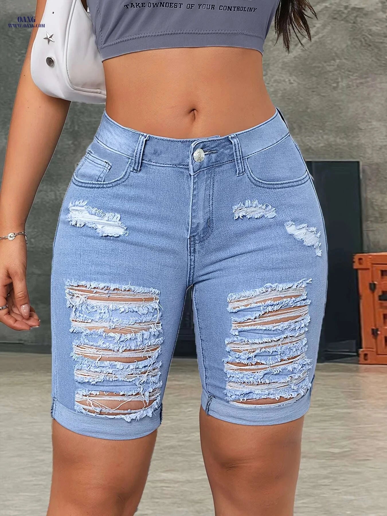 Women's High-Waisted Light Blue Ripped Denim Shorts - Stretchy Bermuda Style   OAXG 