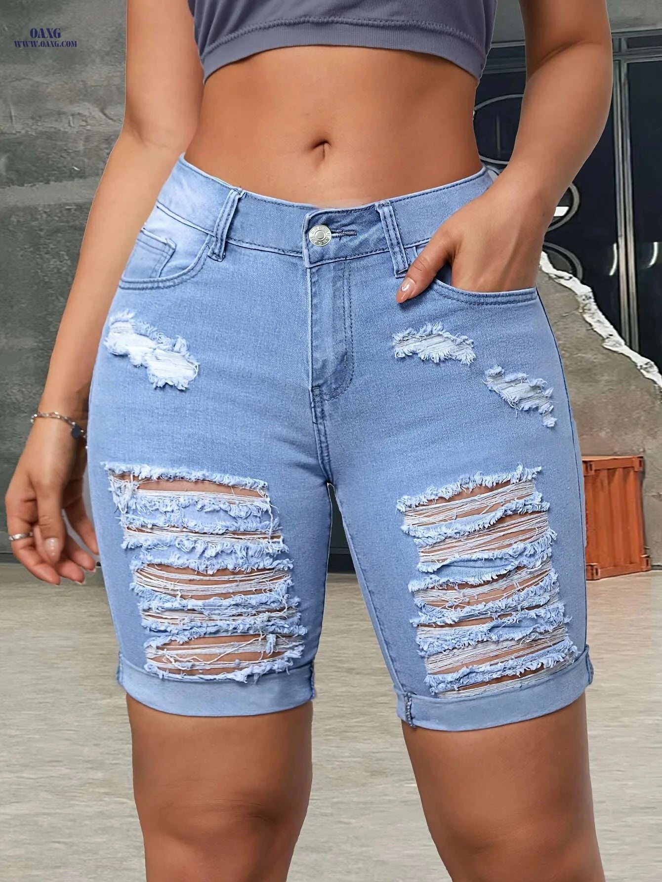 Women's High-Waisted Light Blue Ripped Denim Shorts - Stretchy Bermuda Style   OAXG 