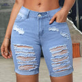 Women's High-Waisted Light Blue Ripped Denim Shorts - Stretchy Bermuda Style   OAXG Sky Blue / XS