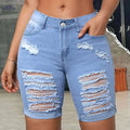 Women's High-Waisted Light Blue Ripped Denim Shorts - Stretchy Bermuda Style   OAXG Sky Blue / XS
