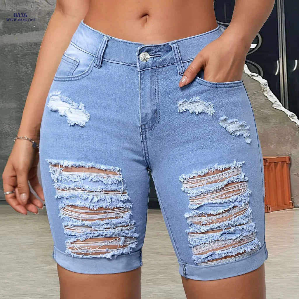 Women's High-Waisted Light Blue Ripped Denim Shorts - Stretchy Bermuda Style   OAXG 
