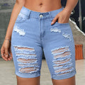 Women's High-Waisted Light Blue Ripped Denim Shorts - Stretchy Bermuda Style   OAXG 