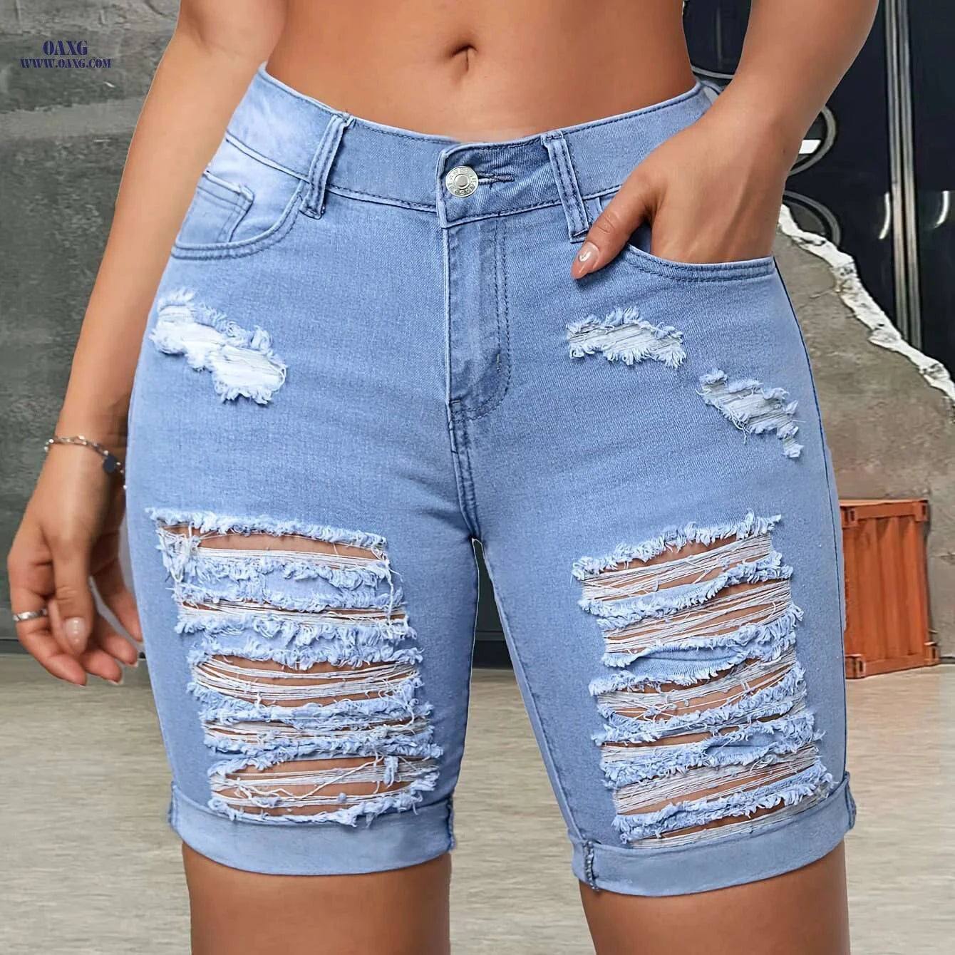 Women's High-Waisted Light Blue Ripped Denim Shorts - Stretchy Bermuda Style   OAXG 