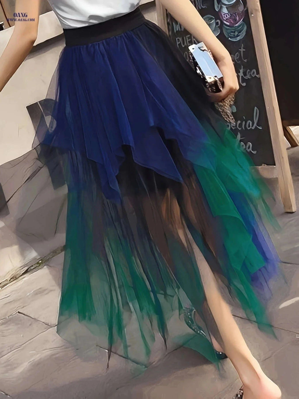 Women's High-Waisted Mesh Skirt - Color Block Design for All Seasons   OAXG 【Multicolor】 / S
