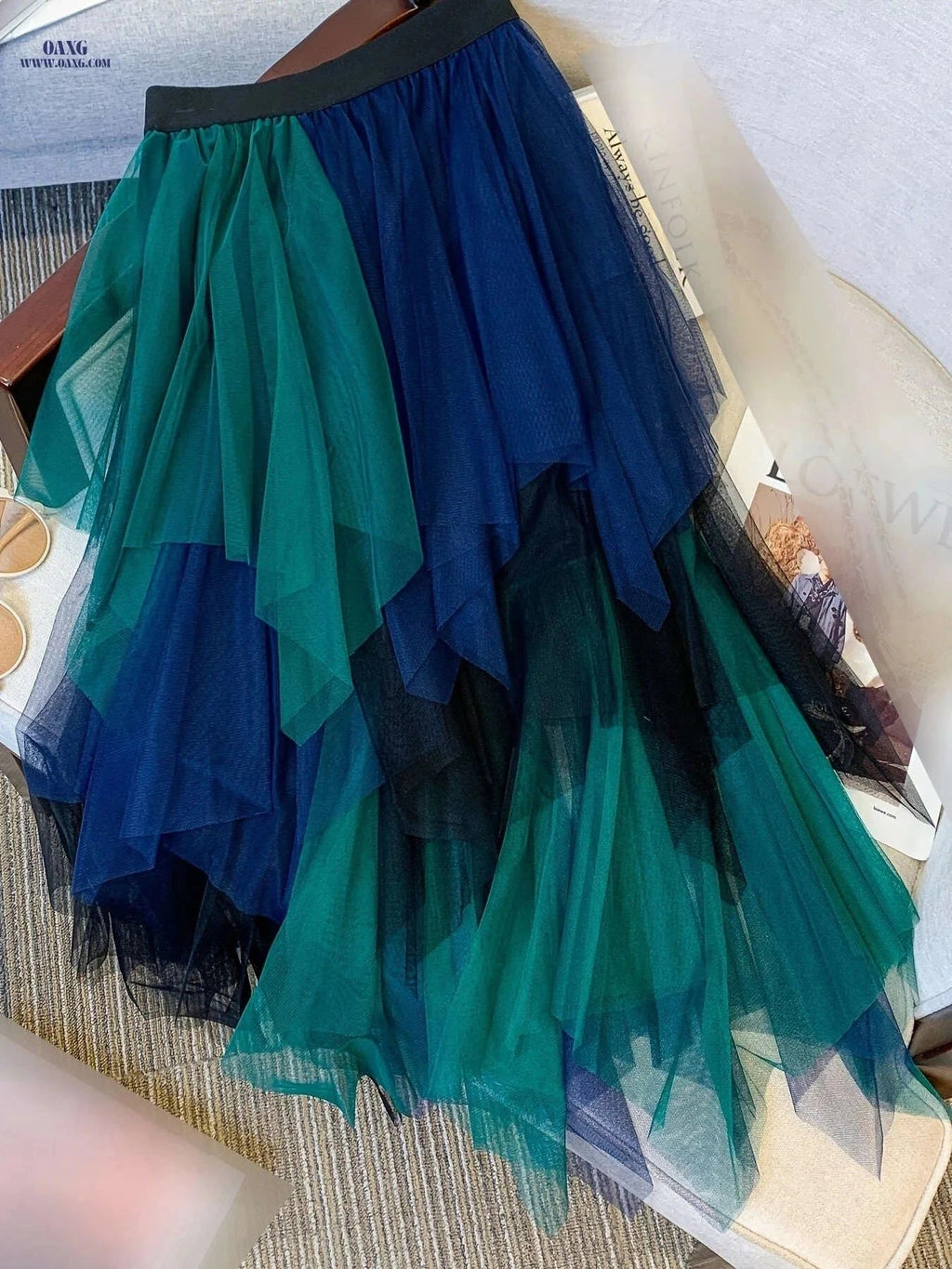 Women's High-Waisted Mesh Skirt - Color Block Design for All Seasons   OAXG 【Multicolor】 / S