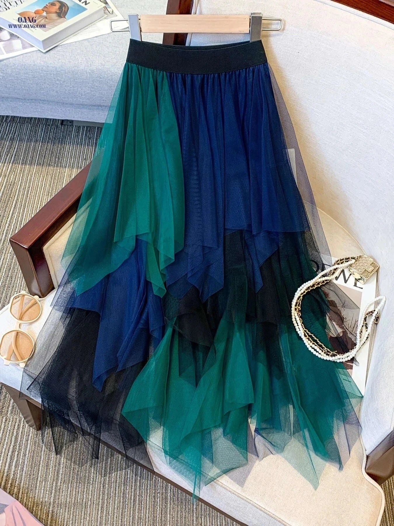 Women's High-Waisted Mesh Skirt - Color Block Design for All Seasons   OAXG 【Multicolor】 / S