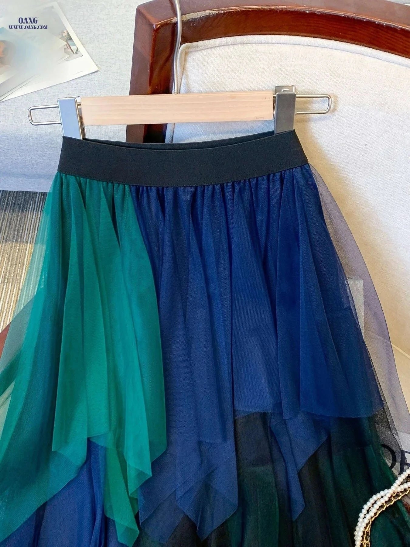 Women's High-Waisted Mesh Skirt - Color Block Design for All Seasons   OAXG 【Multicolor】 / S