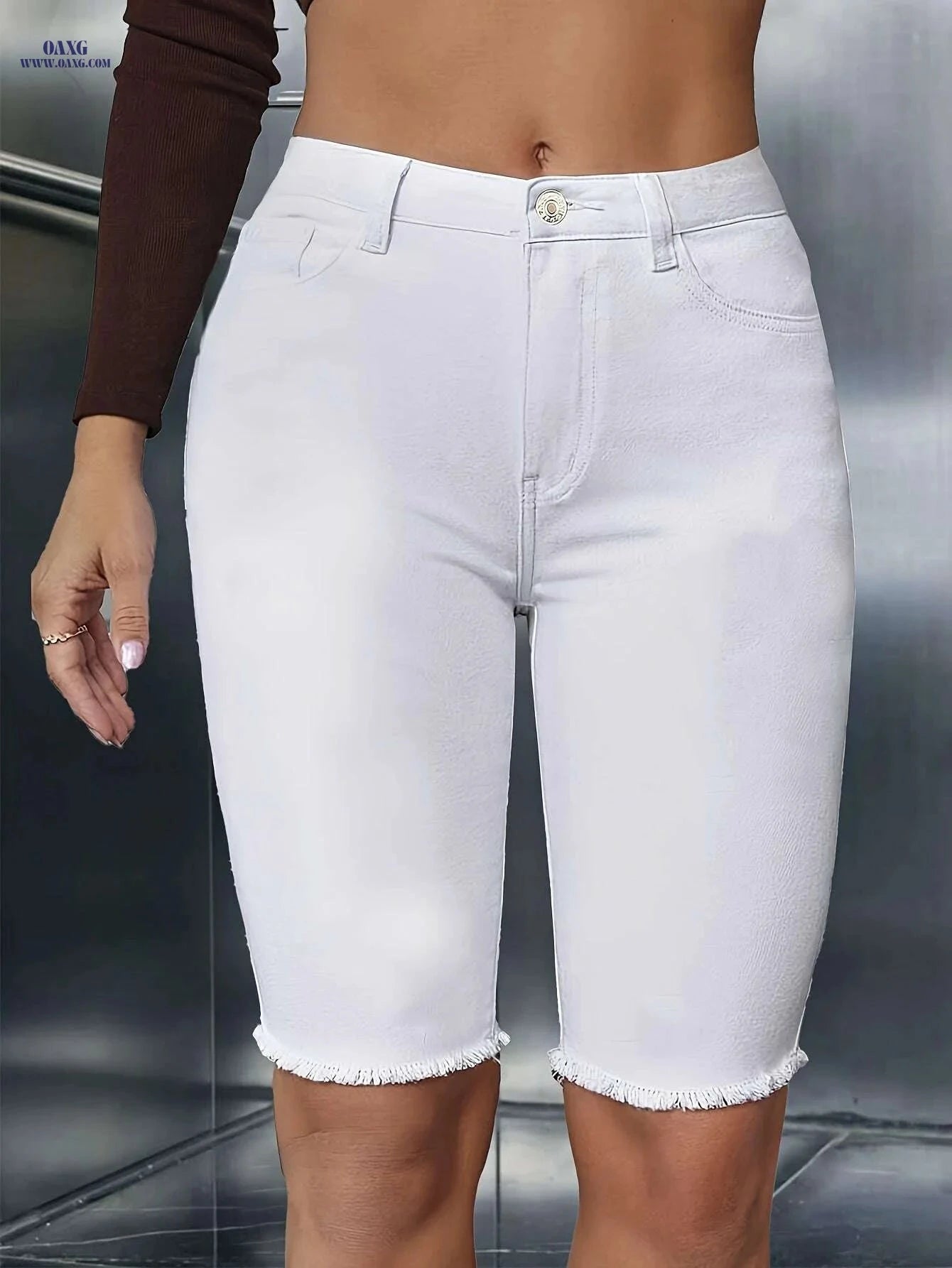 Women's High-Waisted Non-See-Through Stretch Jeans - Denim Shorts   OAXG 