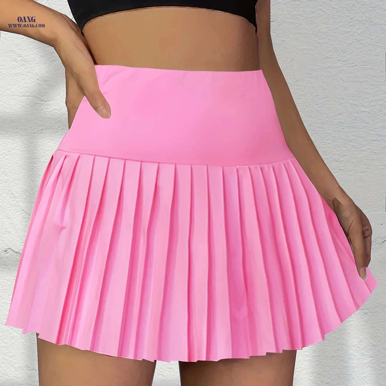 Women's High-Waisted Pink Skirt - Casual Ruffled Hem with Pockets   OAXG 