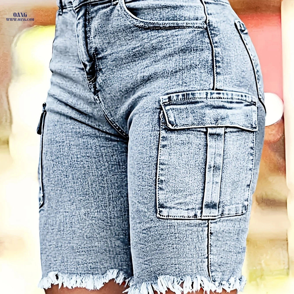 Women's High-Waisted Retro Denim Shorts - Slim Fit, Frayed Hem Style   OAXG 