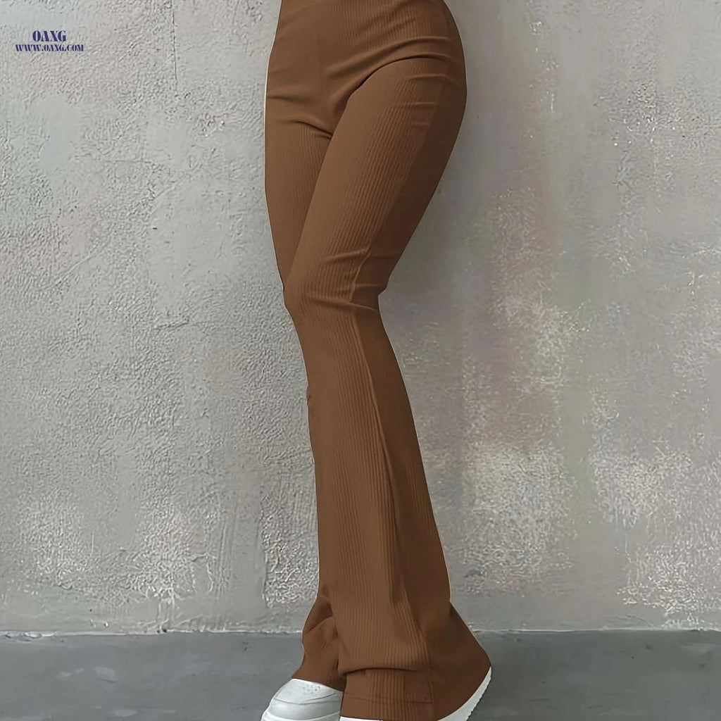 Women's High Waisted Rib Knit Leggings - Casual Fall Fashion Pants   OAXG 