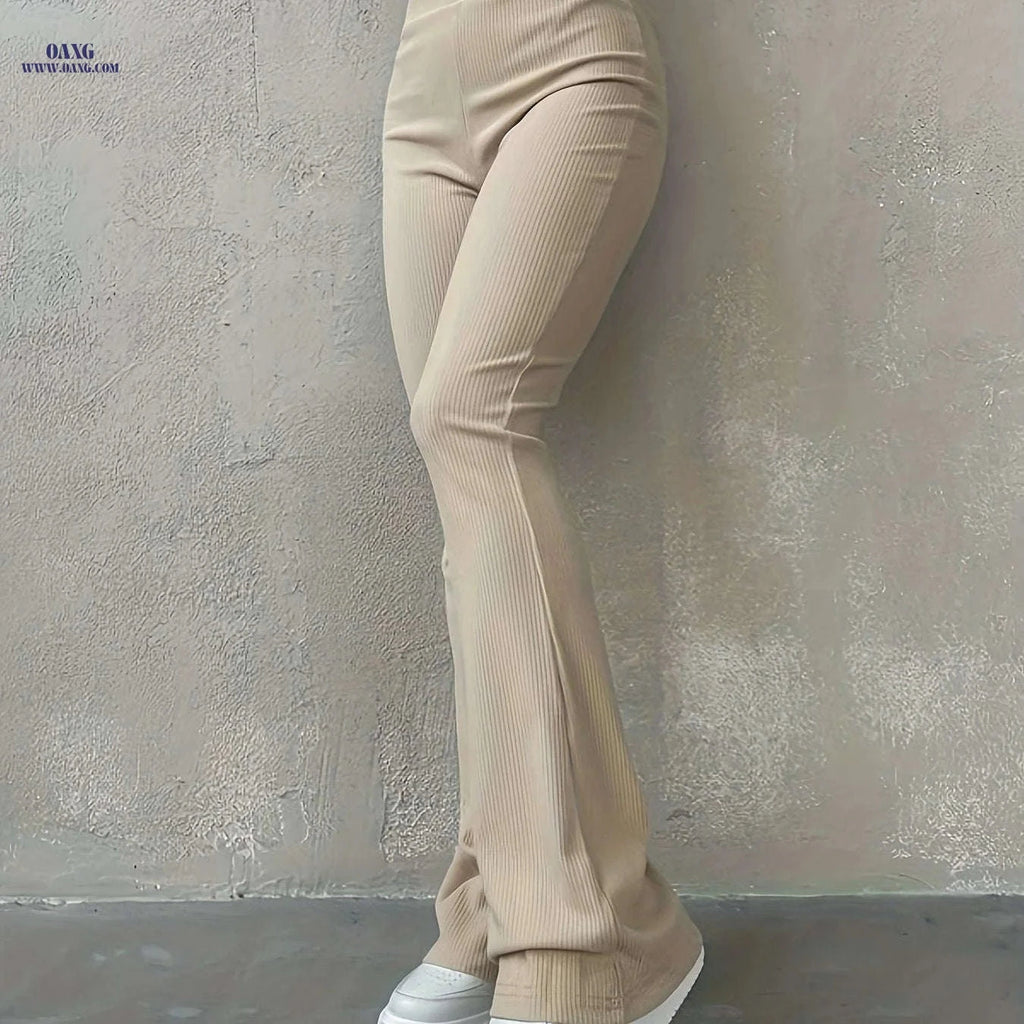 Women's High Waisted Rib Knit Leggings - Casual Fall Fashion Pants   OAXG Black / XS