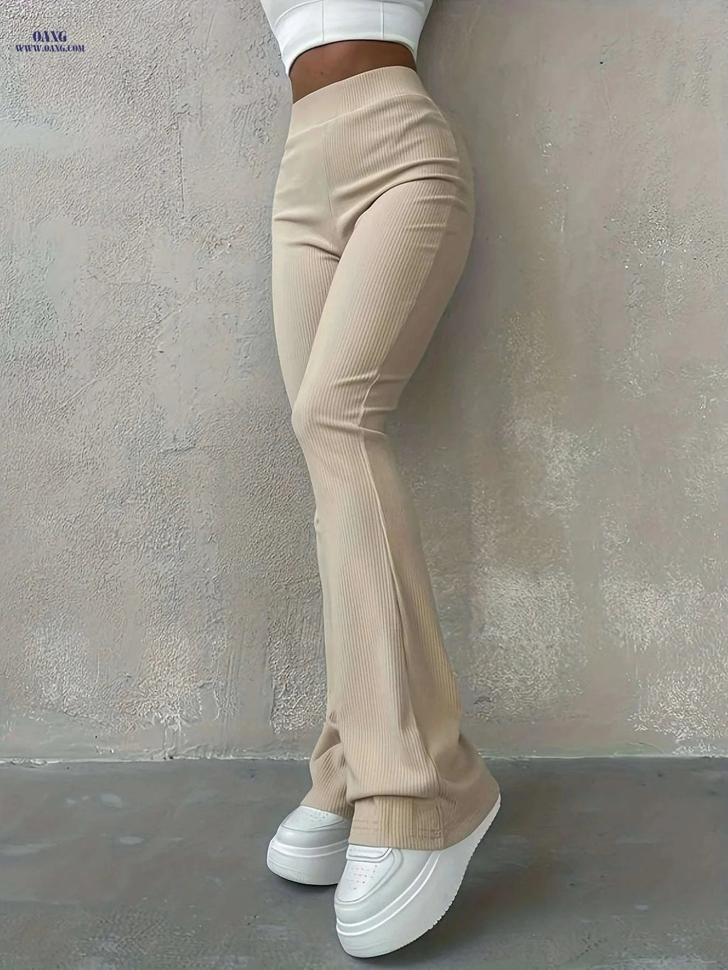 Women's High Waisted Rib Knit Leggings - Casual Fall Fashion Pants   OAXG 