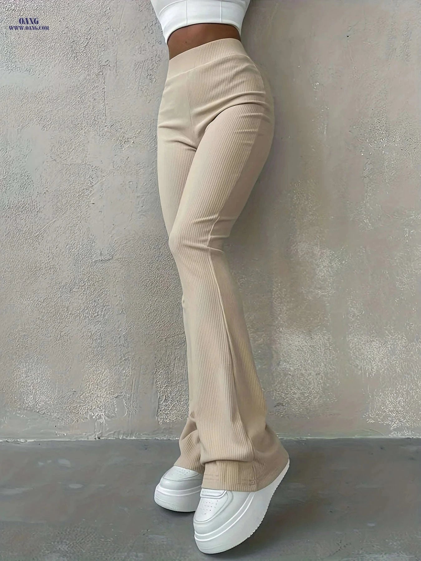 Women's High Waisted Rib Knit Leggings - Casual Fall Fashion Pants   OAXG 