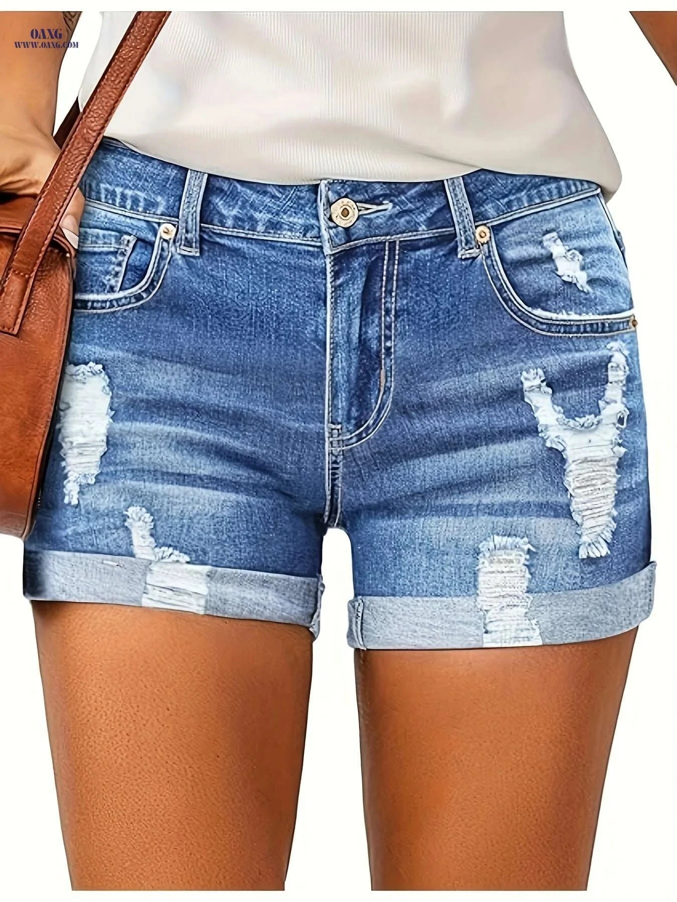 Women's High-Waisted Ripped Denim Shorts - Casual Summer Style   OAXG 