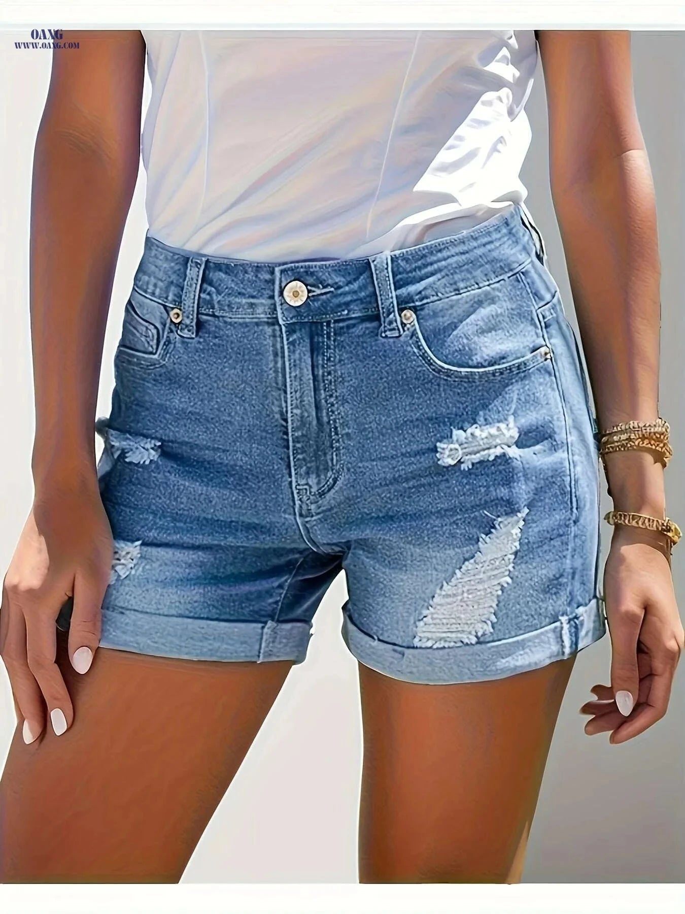 Women's High-Waisted Ripped Denim Shorts - Casual Summer Style   OAXG 