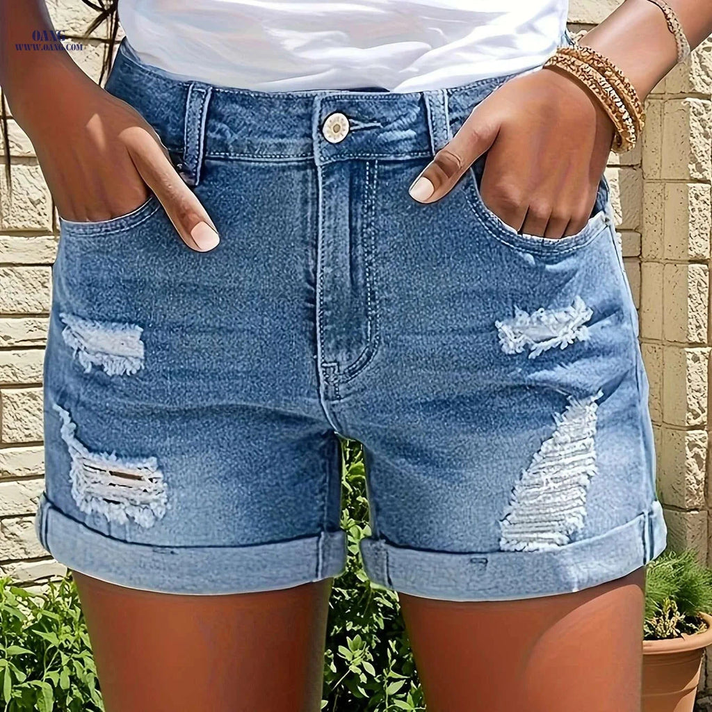 Women's High-Waisted Ripped Denim Shorts - Casual Summer Style   OAXG 