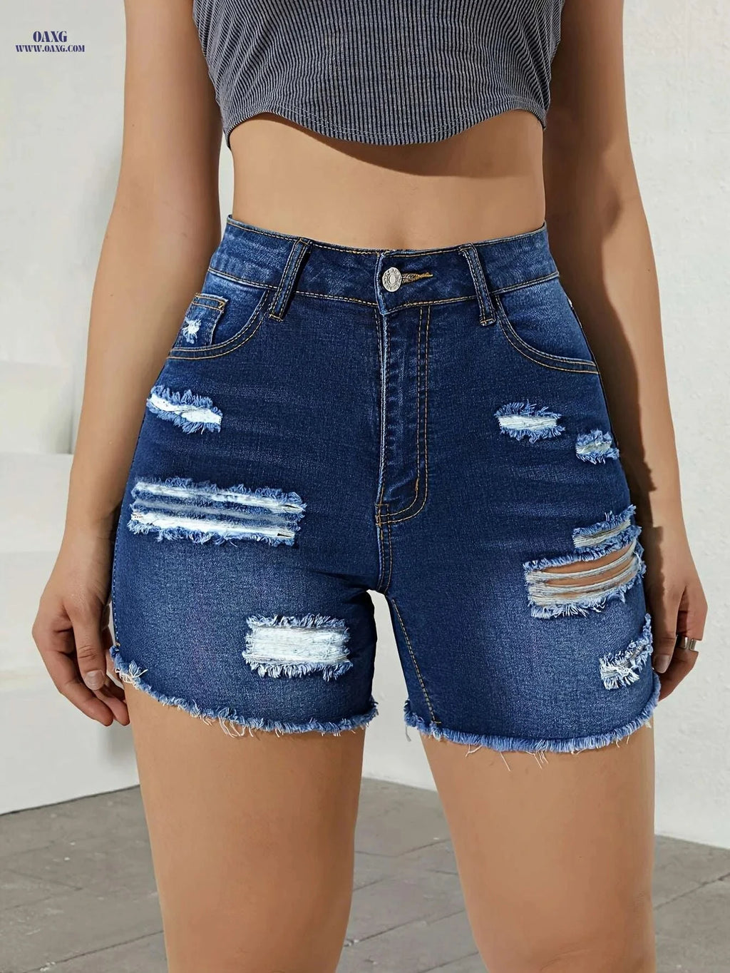 Women's High-Waisted Ripped Denim Shorts - Preppy Style, Skinny Fit   OAXG 