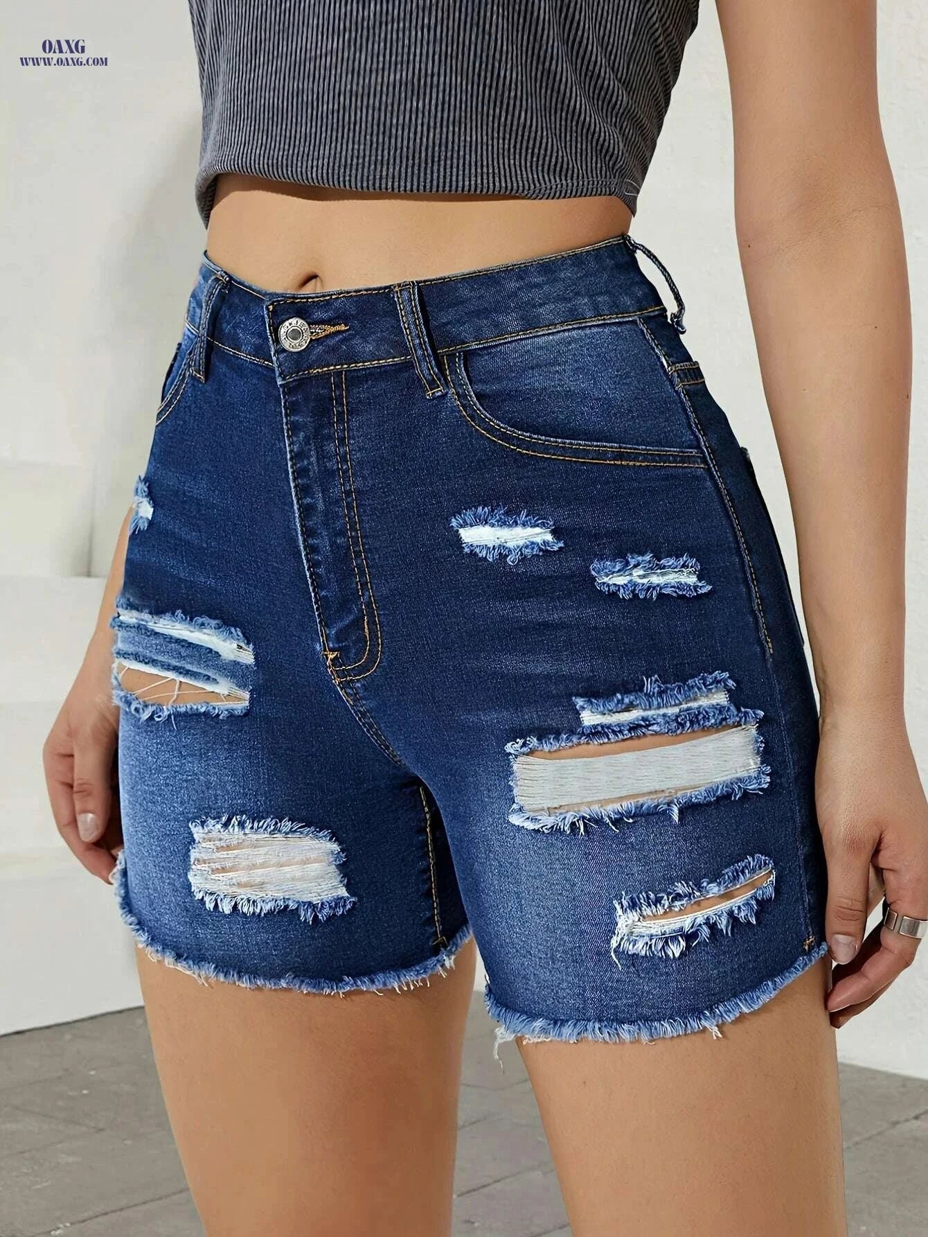 Women's High-Waisted Ripped Denim Shorts - Preppy Style, Skinny Fit   OAXG 