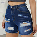 Women's High-Waisted Ripped Denim Shorts - Preppy Style, Skinny Fit   OAXG 