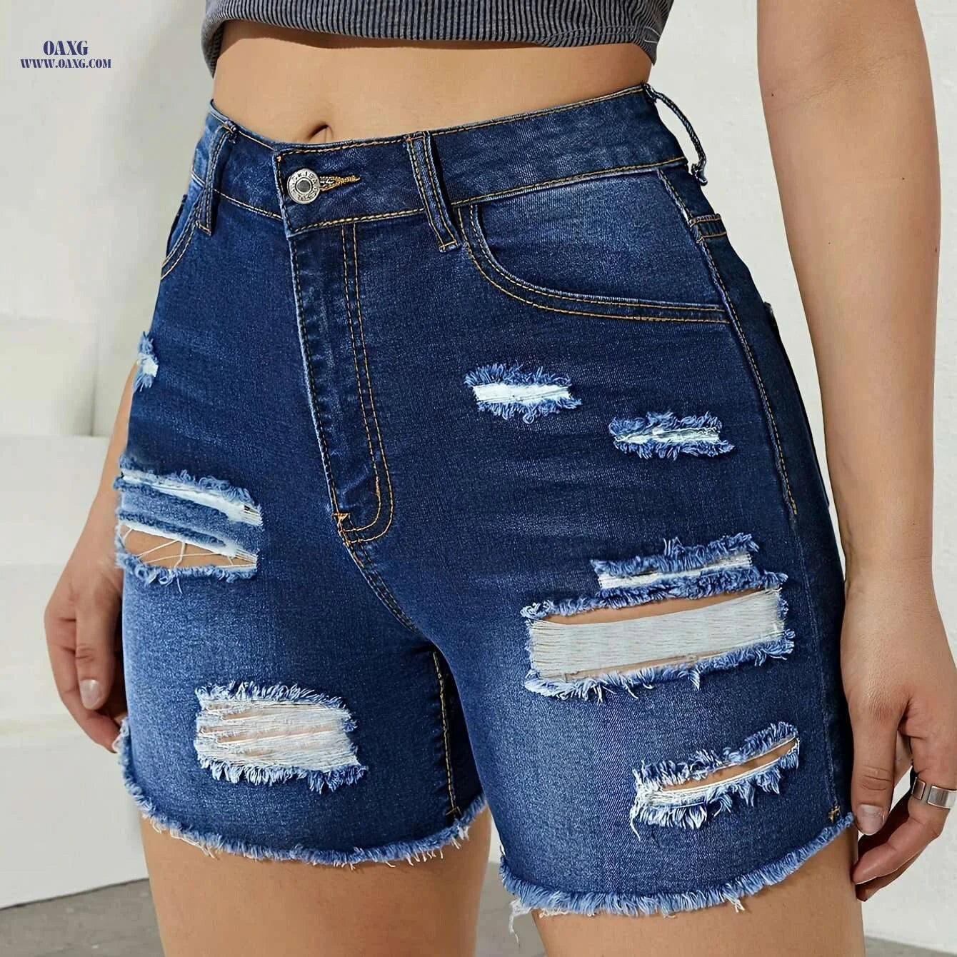 Women's High-Waisted Ripped Denim Shorts - Preppy Style, Skinny Fit   OAXG 