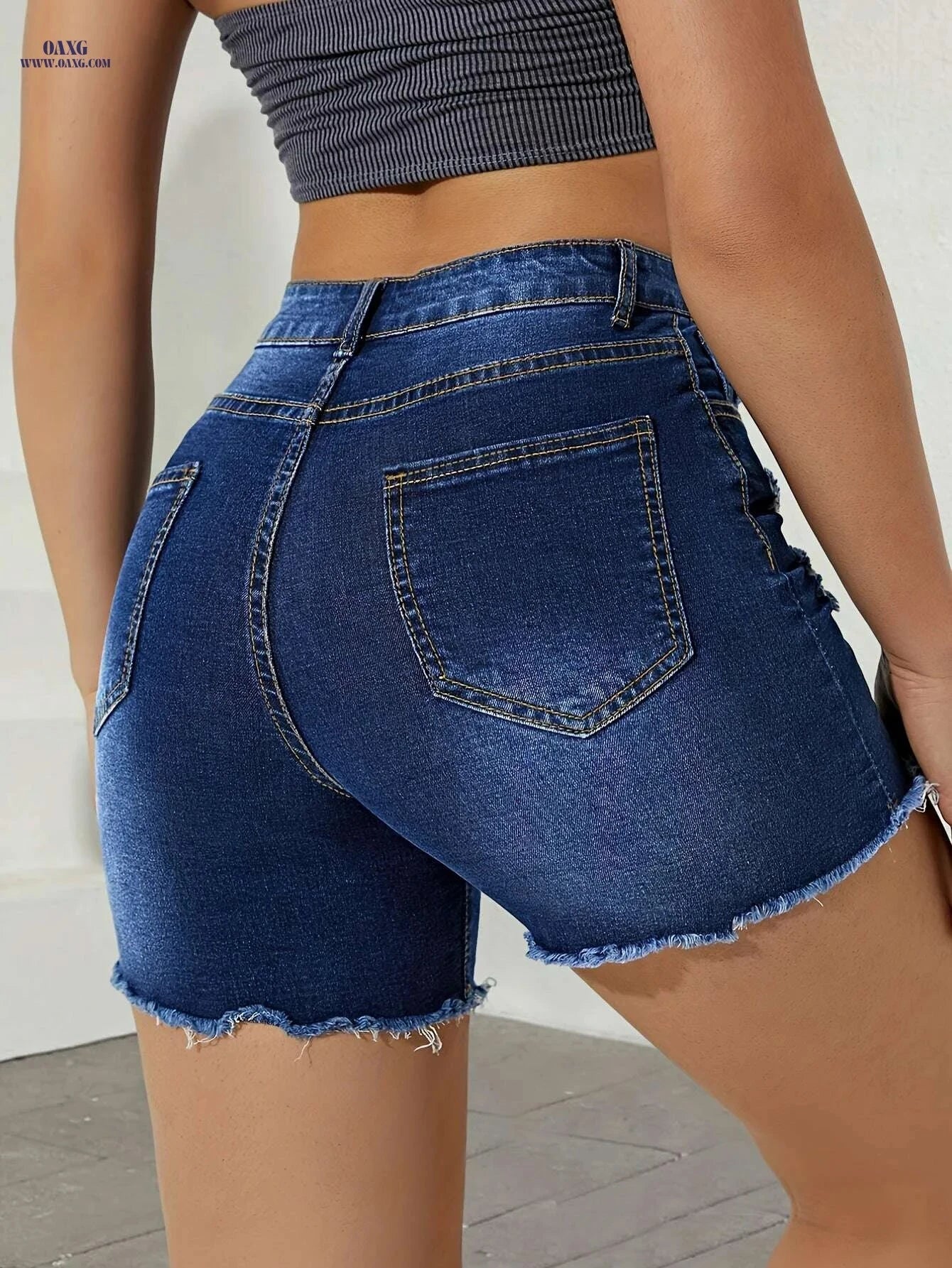 Women's High-Waisted Ripped Denim Shorts - Preppy Style, Skinny Fit   OAXG 