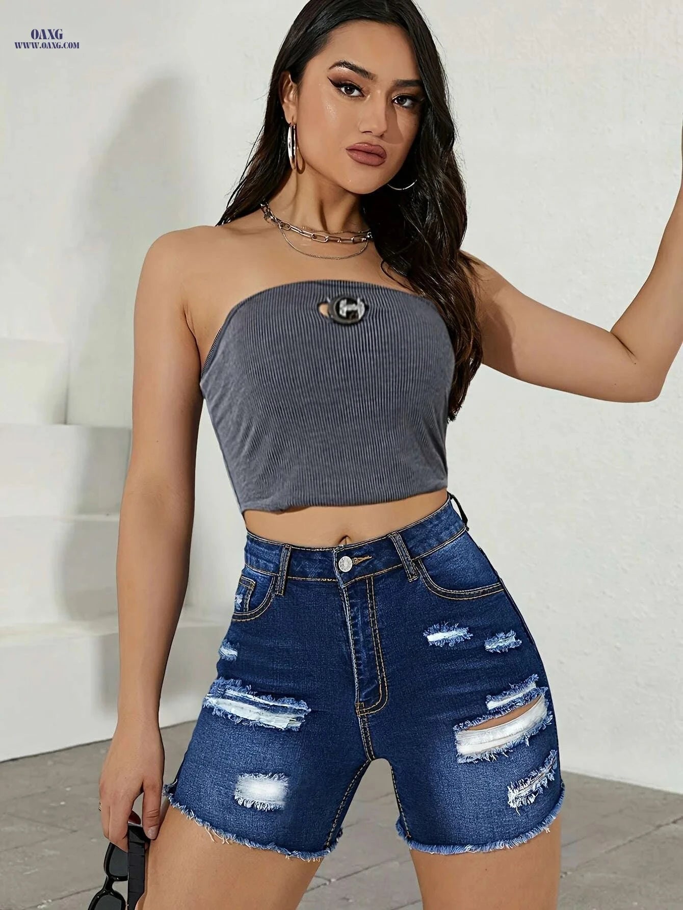 Women's High-Waisted Ripped Denim Shorts - Preppy Style, Skinny Fit   OAXG 