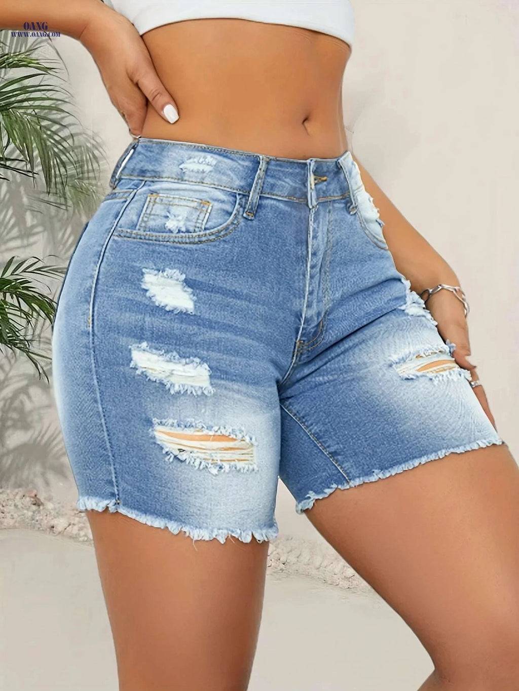 Women's High-Waisted Ripped Denim Shorts - Stretchy Bermuda Fit   OAXG 