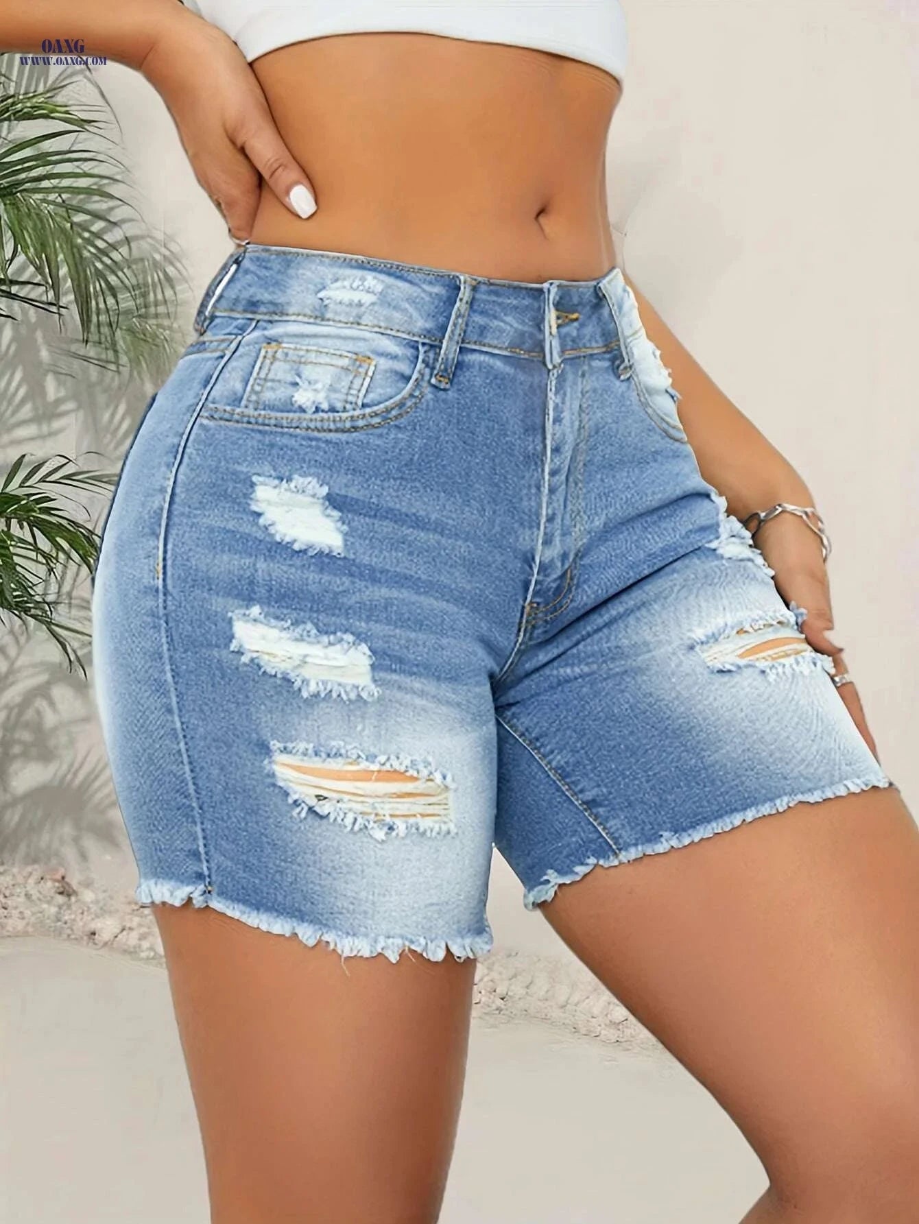 Women's High-Waisted Ripped Denim Shorts - Stretchy Bermuda Fit   OAXG 